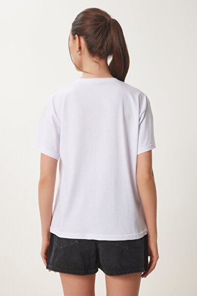 Happiness İstanbul Γυναικείο Πλεκτό Βαμβακερό Μπλουζάκι Λευκό Λουλούδι ZV00294