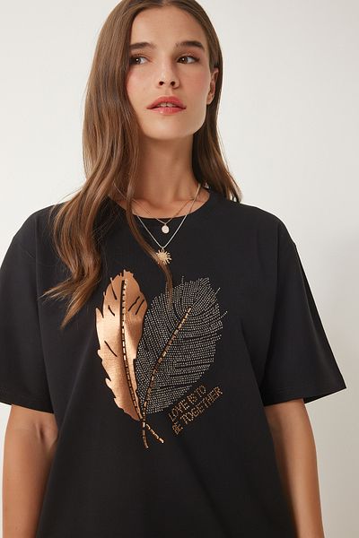 Happiness İstanbul Tricou tricotat cu imprimeu cu detalii cu piatră neagră pentru femei BW00004