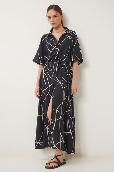 Happiness İstanbul Rochie cămașă midi de vară cu imprimeu oase negre pentru femei RG00056