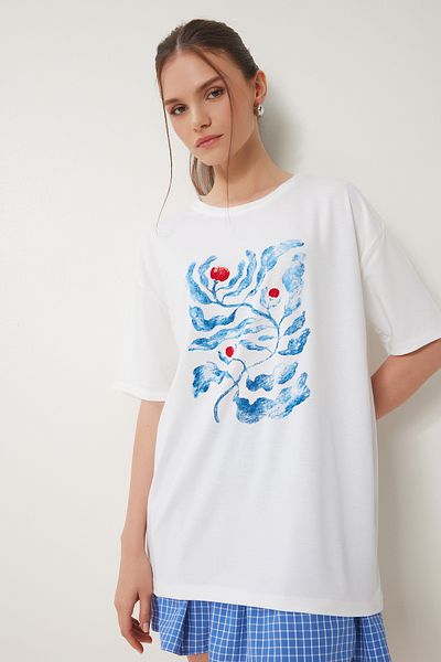 Happiness İstanbul Ecru bedrucktes Oversize-Strick-T-Shirt für Damen ZV00292