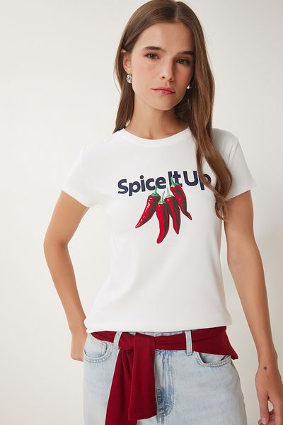 Happiness İstanbul Damen-T-Shirt aus Baumwolle mit Knochenmuster, gestrickt, UB00381