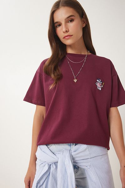Happiness İstanbul Damen-T-Shirt aus Baumwolle mit Teddybär-Stickerei in Burgunderrot CR00485