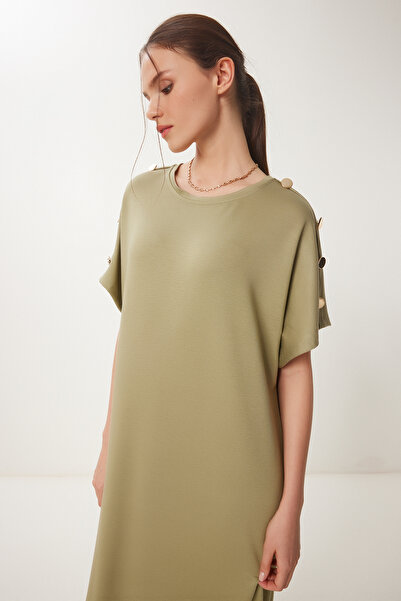 Happiness İstanbul Γυναικείο Καλοκαιρινό Πλεκτό Φόρεμα με Χακί Κουμπί ZV00291