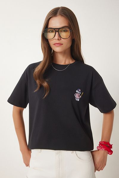 Happiness İstanbul Women's Black Teddy Bear Embroidered Cotton Knitted T-Shirt Cr00485