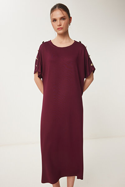 Happiness İstanbul Women's Burgundy Button Detailed Summer Knitted Dress Zv00291