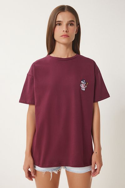 Happiness İstanbul Damen-T-Shirt aus Baumwolle mit Teddybär-Stickerei in Burgunderrot CR00485
