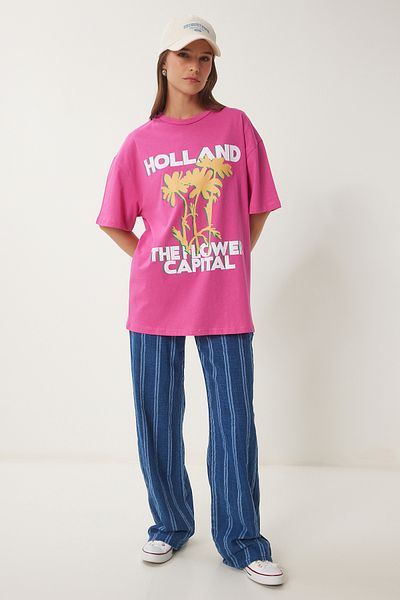 Happiness İstanbul Dunkelrosa Oversize-T-Shirt mit bedrucktem Strickmuster für Damen JH00054