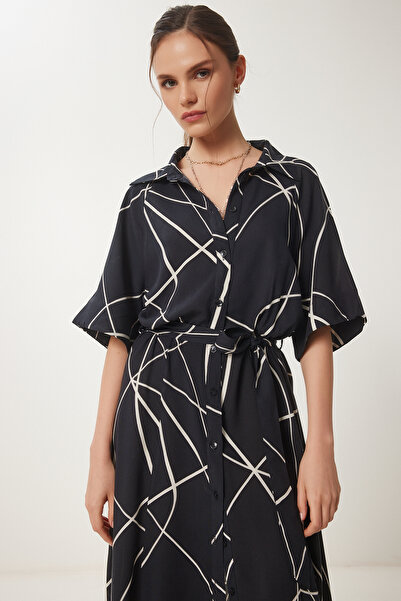 Happiness İstanbul Dámské letní midi košilové šaty s černým kostěným vzorem RG00056