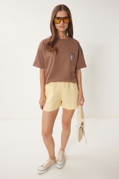 Happiness İstanbul Braunes Damen-T-Shirt aus Baumwolle mit Teddybär-Stickerei CR00485