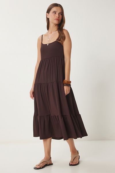 Happiness İstanbul Braunes Sommer-Strickkleid mit Volant für Damen UB00077