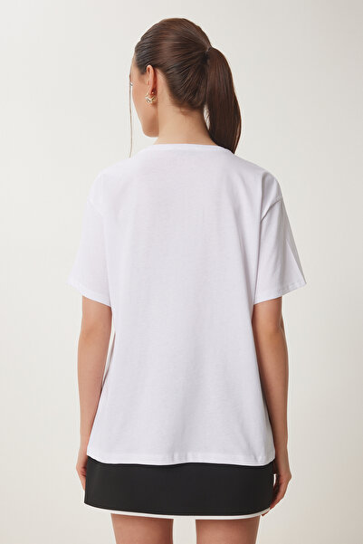 Happiness İstanbul Γυναικείο Πλεκτό Βαμβακερό Μπλουζάκι Λευκό Λουλούδι ZV00295