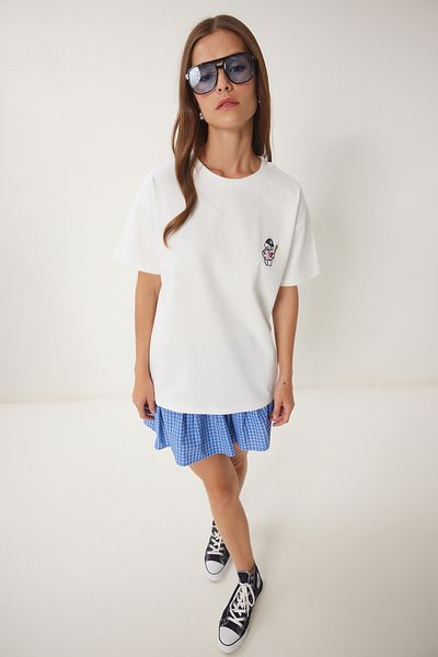 Happiness İstanbul Damen-T-Shirt aus Baumwolle mit Teddybär-Stickerei in Ecru CR00485