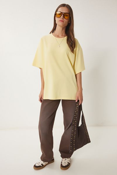 Happiness İstanbul Gelbes Basic-Strick-T-Shirt für Damen in Übergröße HW00007