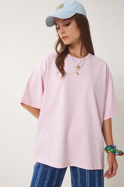 Happiness İstanbul Rosa Basic Oversize-Strick-T-Shirt für Damen HW00007