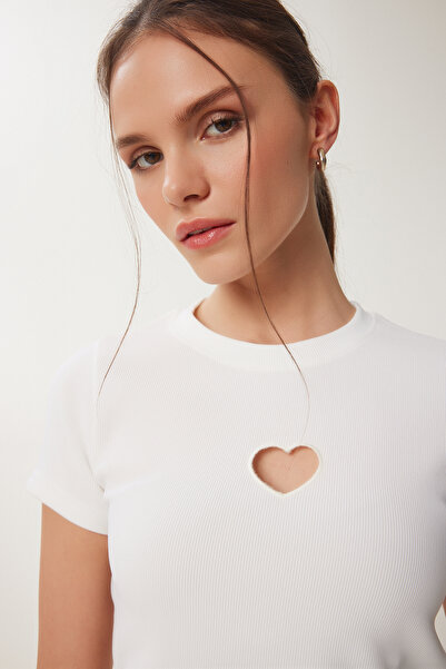 Happiness İstanbul Γυναικείο Πλεκτό Μπλουζάκι με Κεντητό Κοκάλι Καρδιά ZV00289