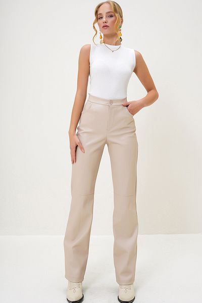 Trend Alaçatı Stili Women's Cream Knee Stitching Faux Leather Palazzo Pants with Pockets Alc-X10843