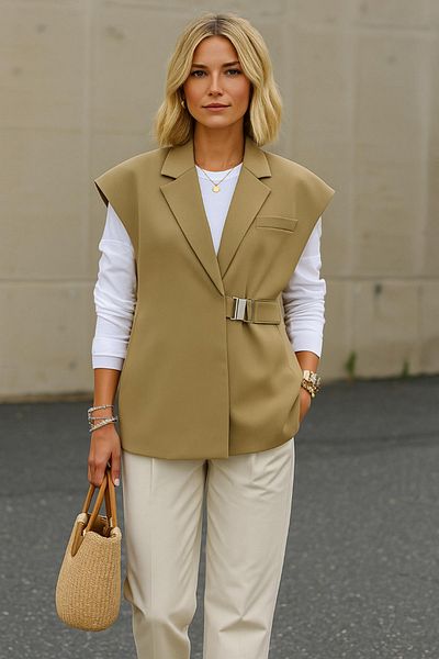 Trendyol Modest Khakifarbene, zweireihige Weste aus gewebtem Stoff mit Verschluss und Schnallenzubehör TCTAW25YL00004