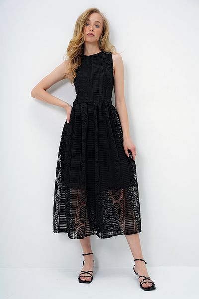 Trend Alaçatı Stili Schwarzes, mit dicken Trägern besticktes, gefüttertes Maxikleid für Damen ALC-X13461