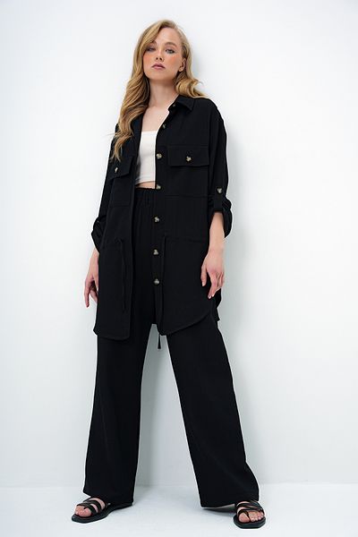 Trend Alaçatı Stili Women's Black Shirt Collar Double Pocket Tie Linen Safari Jacket and Pants Set Alc-X14060