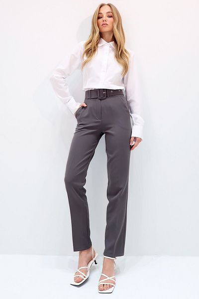 Trend Alaçatı Stili Women's Anthracite Double Pocket Pleated Waist Belt Straight Fit Trousers Alc-X8177