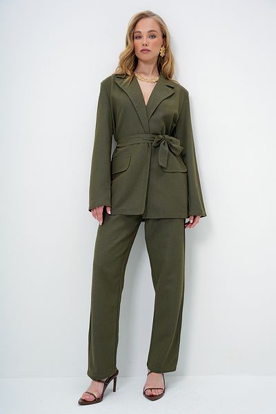 Trend Alaçatı Stili Women's Khaki Belt Detailed Linen Jacket and Double Pocket Trousers Set Alc-X14061