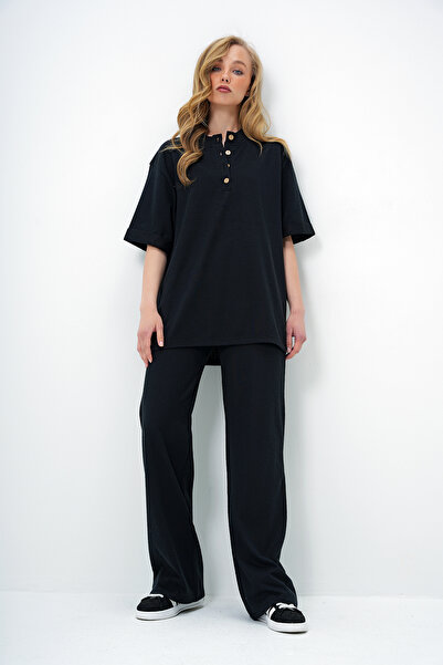 Trend Alaçatı Stili Schwarzer Damenanzug mit doppeltem Ärmelkragen und geknöpftem Oberteil und Hose Alc-X11487