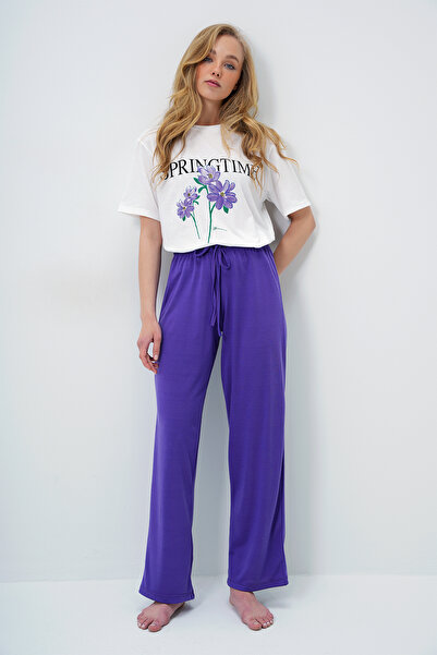 Trend Alaçatı Stili Set de pijamale pentru femei, mov, cu decolteu, cu imprimeu și pantaloni de culoare uni Pjm-X13883