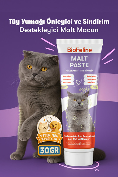 BioFeline Kediler İçin Tüy Yumağı Önleyici ve Sindirim Destekleyici Kedi Malt Macunu 30g