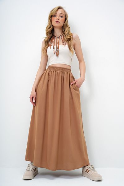 Trend Alaçatı Stili Milchbrauner, ausgestellter, gewebter Rock mit zwei Taschen für Damen Alc-X13876