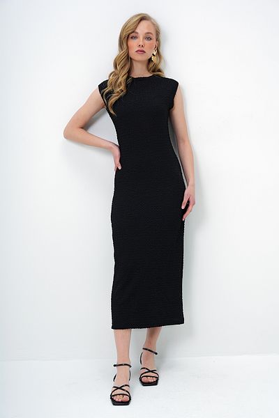 Trend Alaçatı Stili Women's Black Crew Neck Dirty Stitching Detailed Wrap Woven Dress Alc-X13850