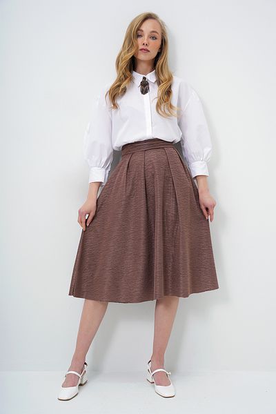 Trend Alaçatı Stili Bitterbrauner, strukturierter Midirock mit hoher Taille und breitem Gürtel und verdecktem Reißverschluss für Damen ALC-X13473