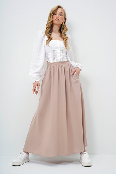 Trend Alaçatı Stili Kadın Bej Çift Cepli Kloş Dokuma Etek ALC-X13876