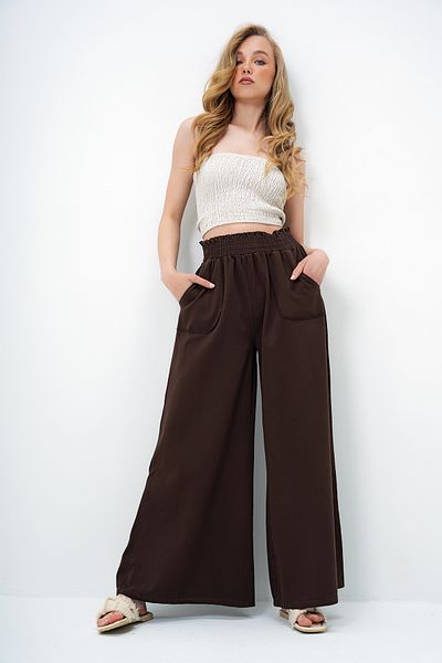 Trend Alaçatı Stili Women's Brown Waist Gimped Double Pocket Wide Leg Gabardine Trousers Alc-X13949
