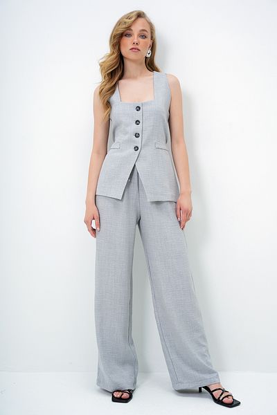 Trend Alaçatı Stili Women's Grey Square Collar Lined Woven Linen Vest and Double Pockets Palazzo Pants Suit Alc-X13910