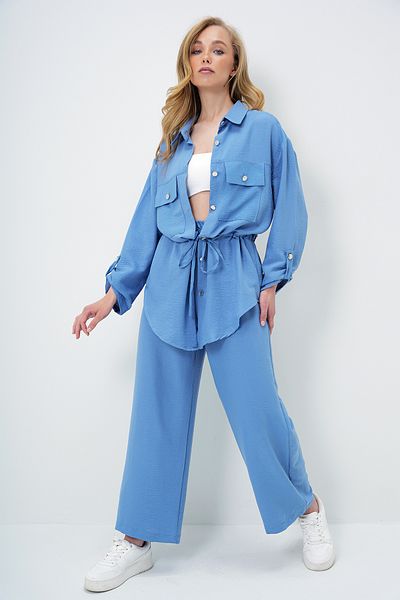 Trend Alaçatı Stili Women's Indigo Double Pocket Safari Jacket and Elastic Waist Wide Leg Aerobin Pants Suit Ymx8448