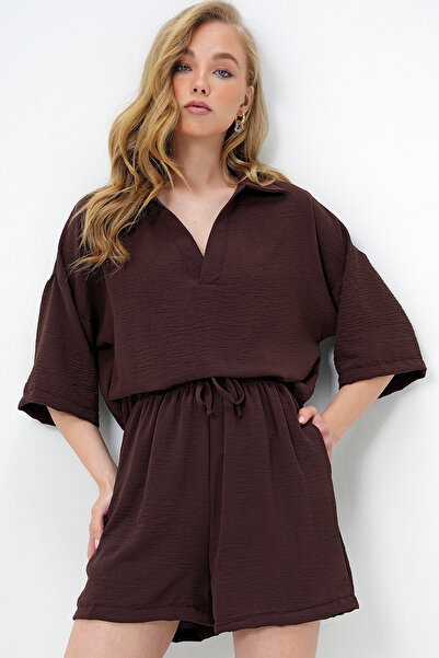 Trend Alaçatı Stili Women's Brown Polo Neck Aerobin Blouse and Shorts Set Alc-X13947