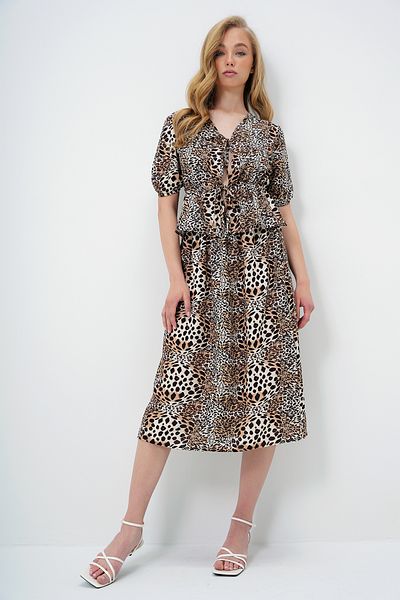 Trend Alaçatı Stili Women's Brown Lace Detailed Blouse and Skirt Set Alc-X13946