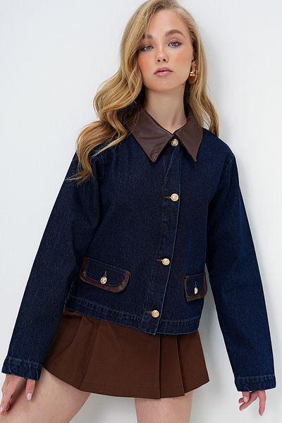 Trend Alaçatı Stili Women's Navy Blue Leather Detailed Crop Jean Jacket Alc-X13936