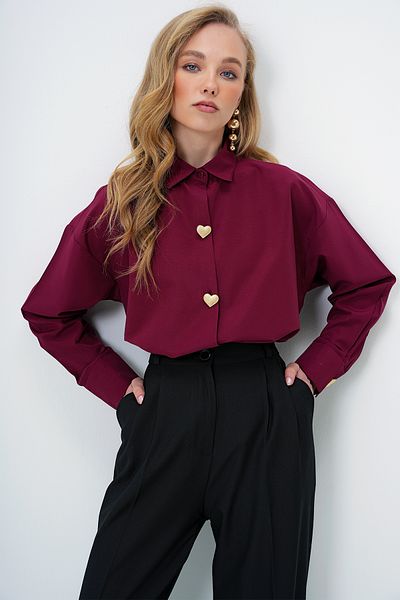 Trend Alaçatı Stili Women's Burgundy Heart Button Oversize Poplin Shirt Alc-X13935