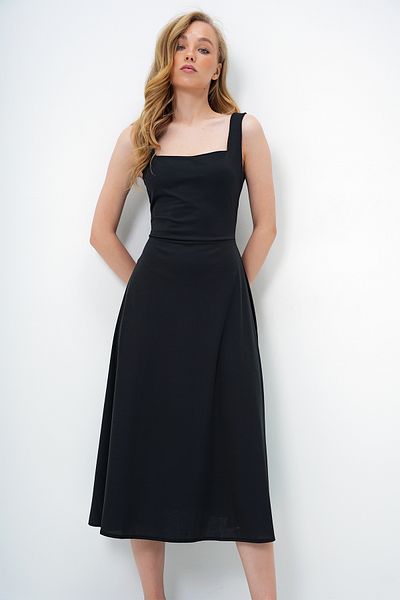 Trend Alaçatı Stili Women's Black Square Collar Thick Strap Design Midi Length Dress Alc-X13875