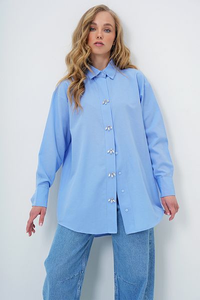 Trend Alaçatı Stili Women's Blue Stone Buttoned Oversize Poplin Shirt Alc-X13934