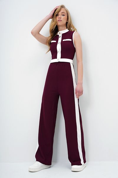 Trend Alaçatı Stili Women's Burgundy Stand Collar Metal Button Color Block Crop Blouse and Palazzo Pants Set Alc-X13916