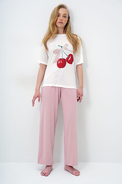 Trend Alaçatı Stili Women's Powder Crew Neck Printed T-Shirt and Solid Color Pants Pajama Set Pjm-X13883