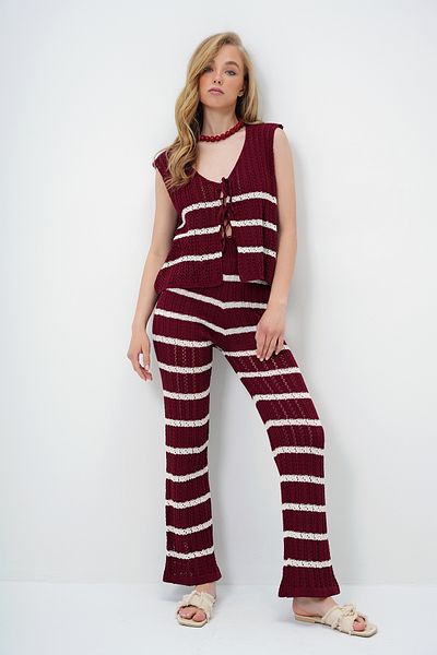Trend Alaçatı Stili Women's Burgundy Hole Openwork Striped Tie-Up Knitwear Vest and Palazzo Pants Set Alc-X13939