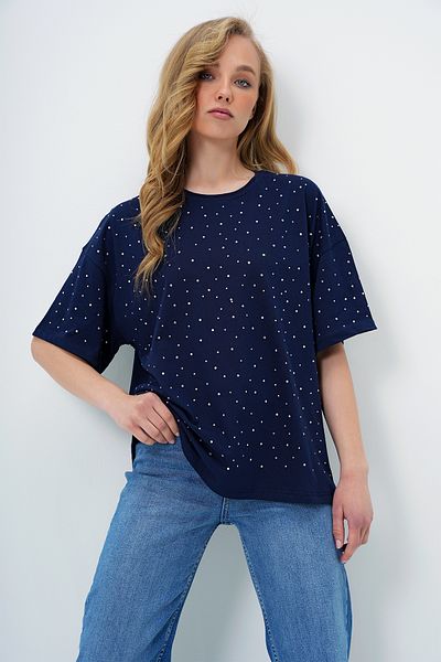 Trend Alaçatı Stili Women's Navy Blue Crew Neck Stone Embroidered Basic T-Shirt Alc-X13901