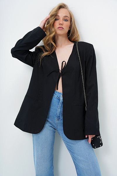 Trend Alaçatı Stili Women's Black V-Neck Tie Lined Blazer Jacket Alc-X13973