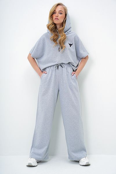 Trend Alaçatı Stili Graues Damen-Set mit übergroßer Kapuze und doppelter Tasche ALC-X13633