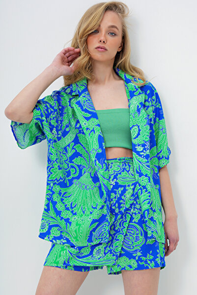 Trend Alaçatı Stili Női Saks kabát hajtóka Oversize poplin ing és felköthető rövidnadrág szoknya szett ALC-X13941