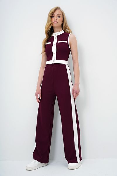 Trend Alaçatı Stili Women's Burgundy Stand Collar Metal Button Color Block Crop Blouse and Palazzo Pants Set Alc-X13916