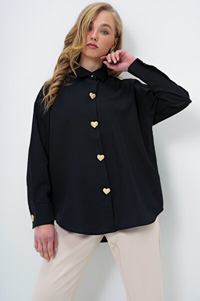 Trend Alaçatı Stili Dámská oversize popelínová košile s černým srdcem ALC-X13935